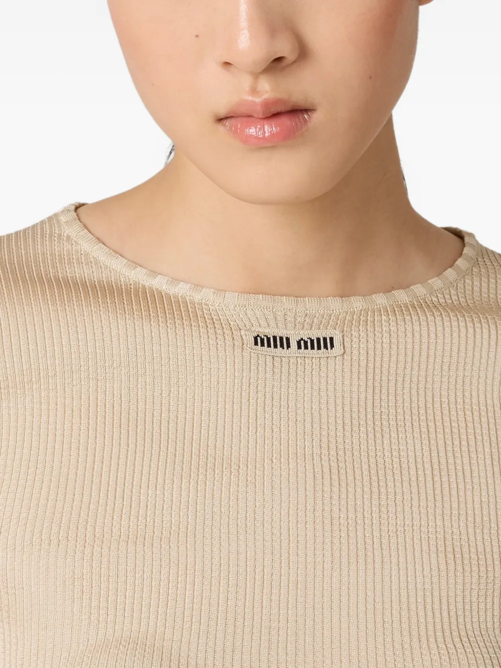 Miu Miu Ribbed Logo-patcht-shirt In Neutral