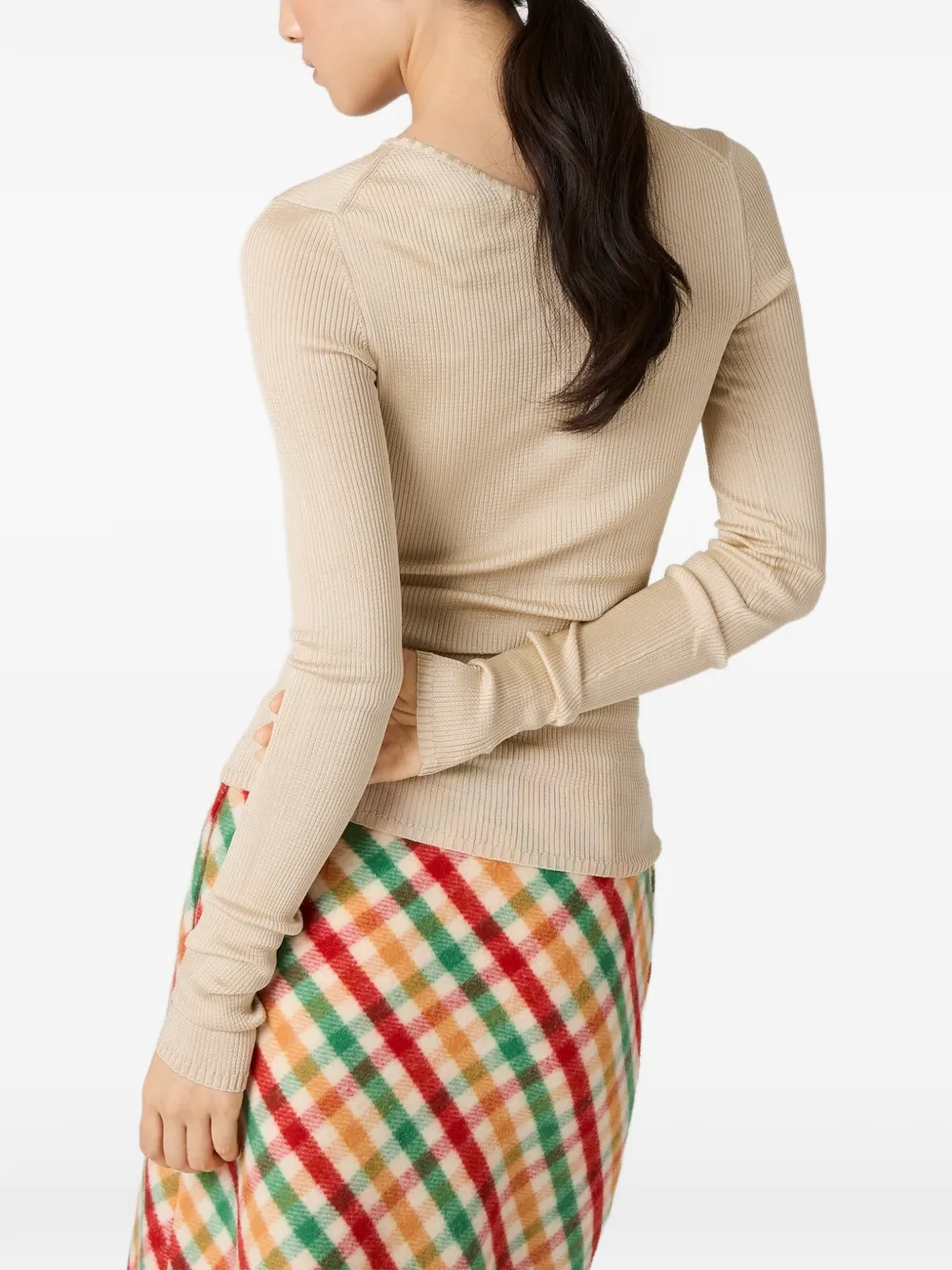 Miu Miu Ribbed Logo-patcht-shirt In Neutral