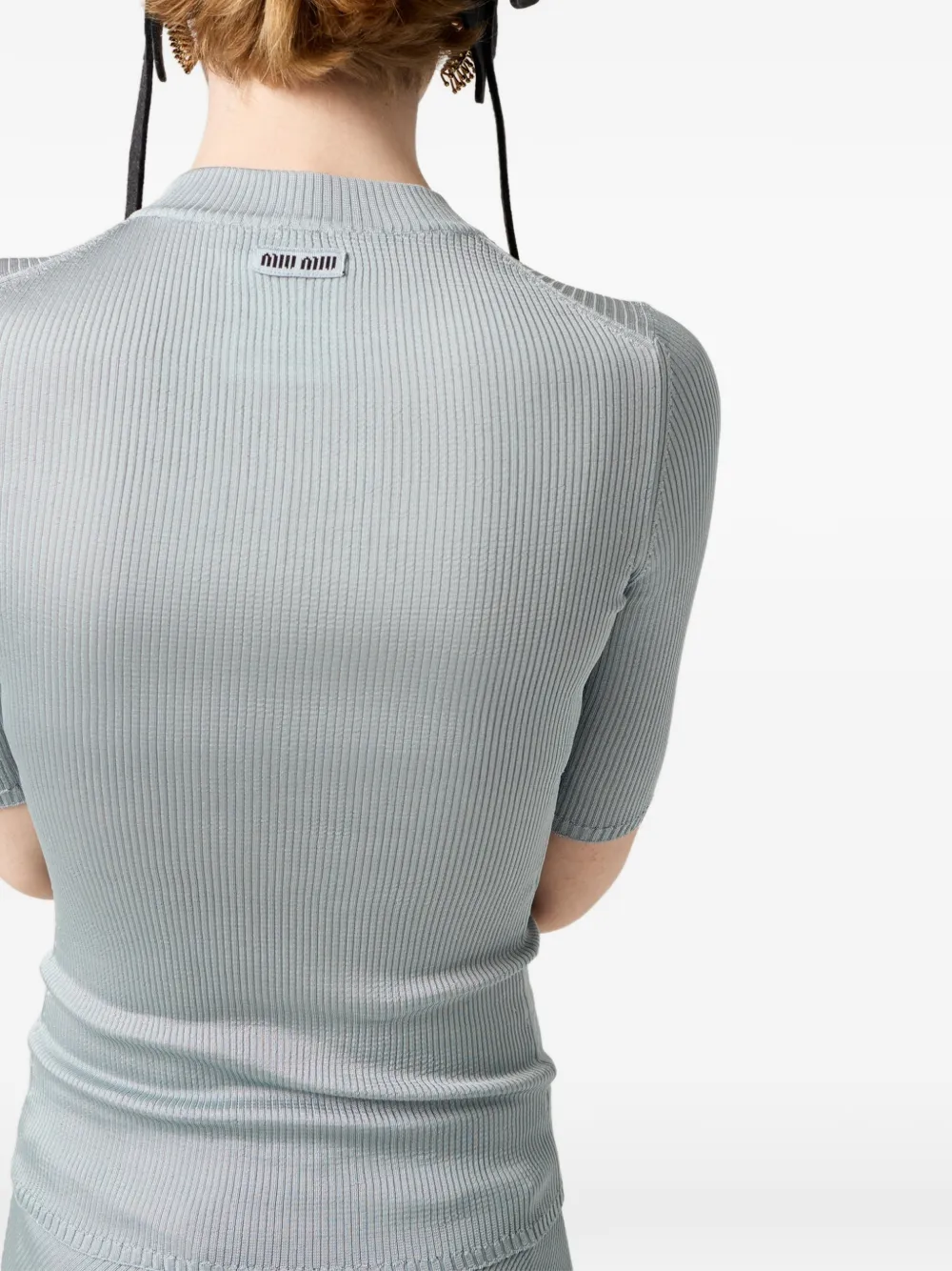 Miu Miu Ribbed Logo-patch T-shirt In Blue
