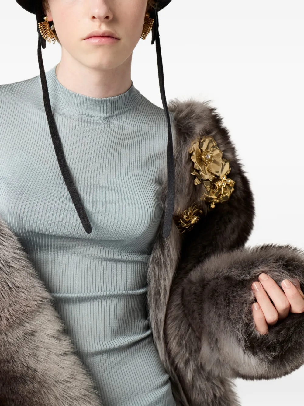 Miu Miu Ribbed Logo-patch T-shirt In Blue