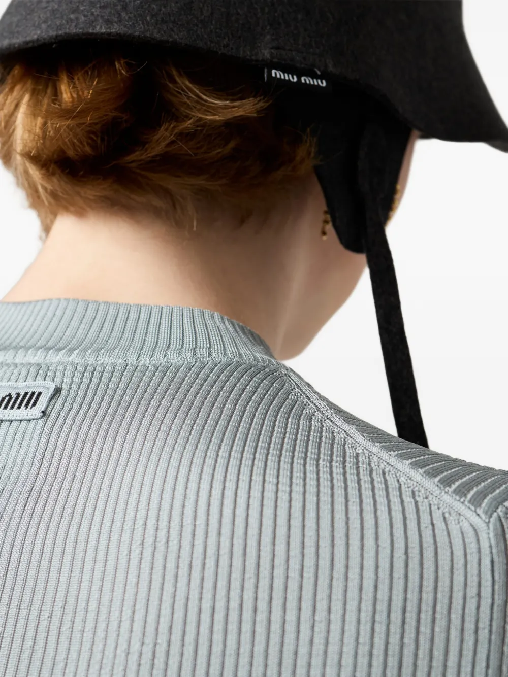 Miu Miu Ribbed Logo-patch T-shirt In Blue