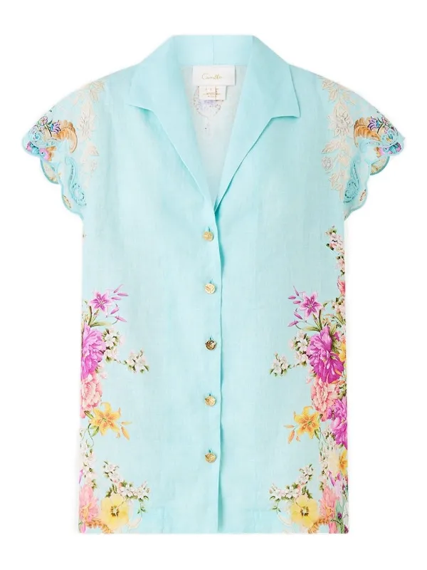 Camilla Button Floral Blouse in Blue