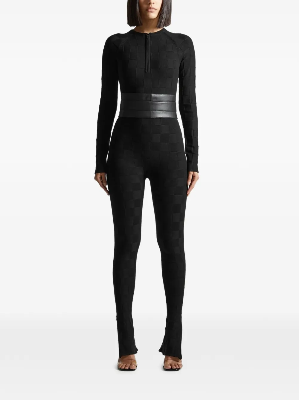 Manière De Voir Chequerboard Detachable-belt Jumpsuit In Black