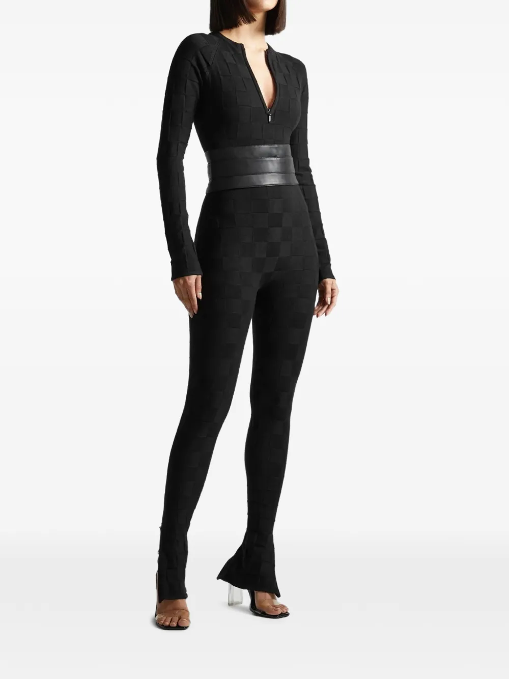 Manière De Voir Chequerboard Detachable-belt Jumpsuit In Black