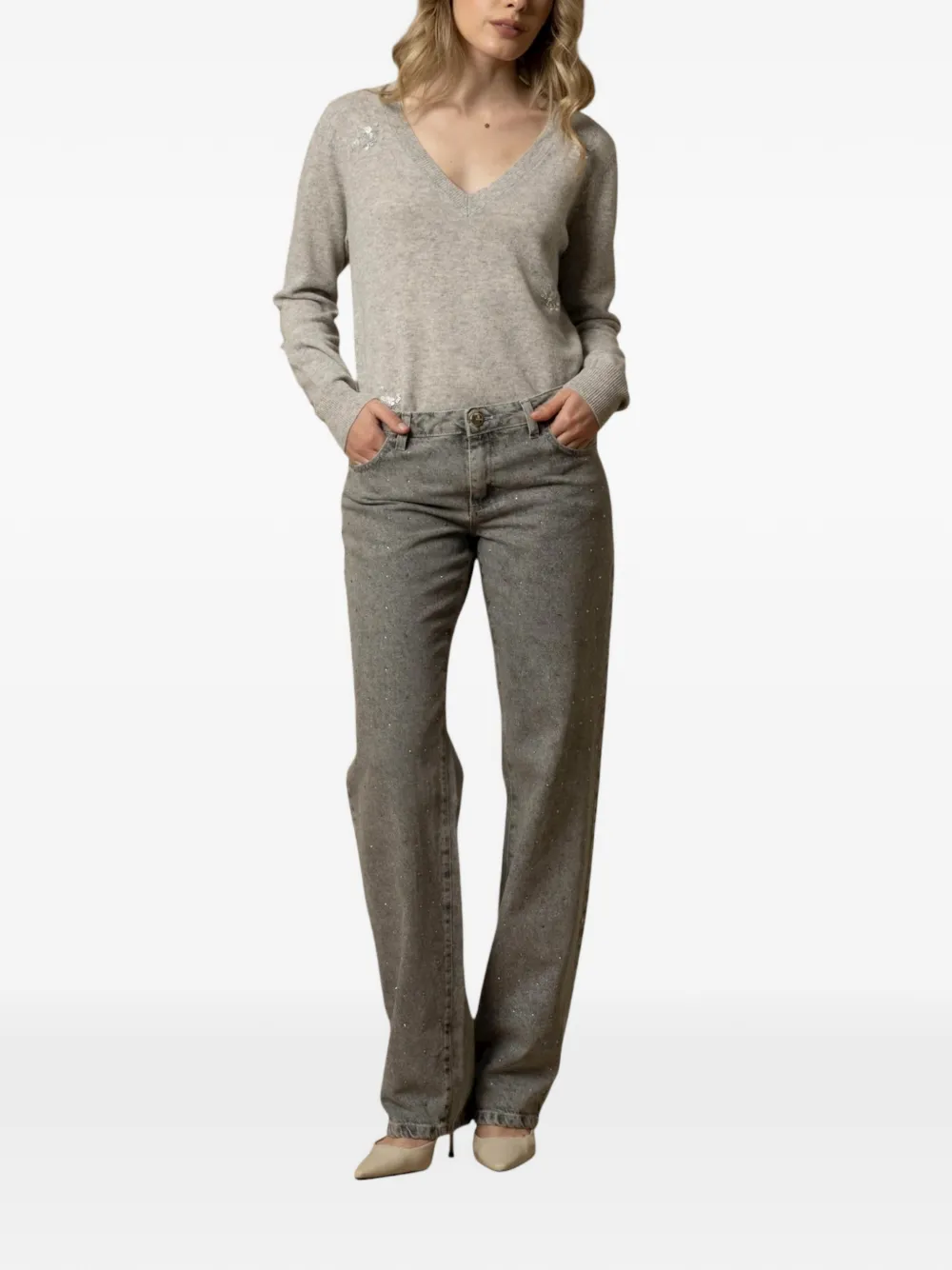 Kocca Demetria Embellished Straight-leg Jeans In Gray