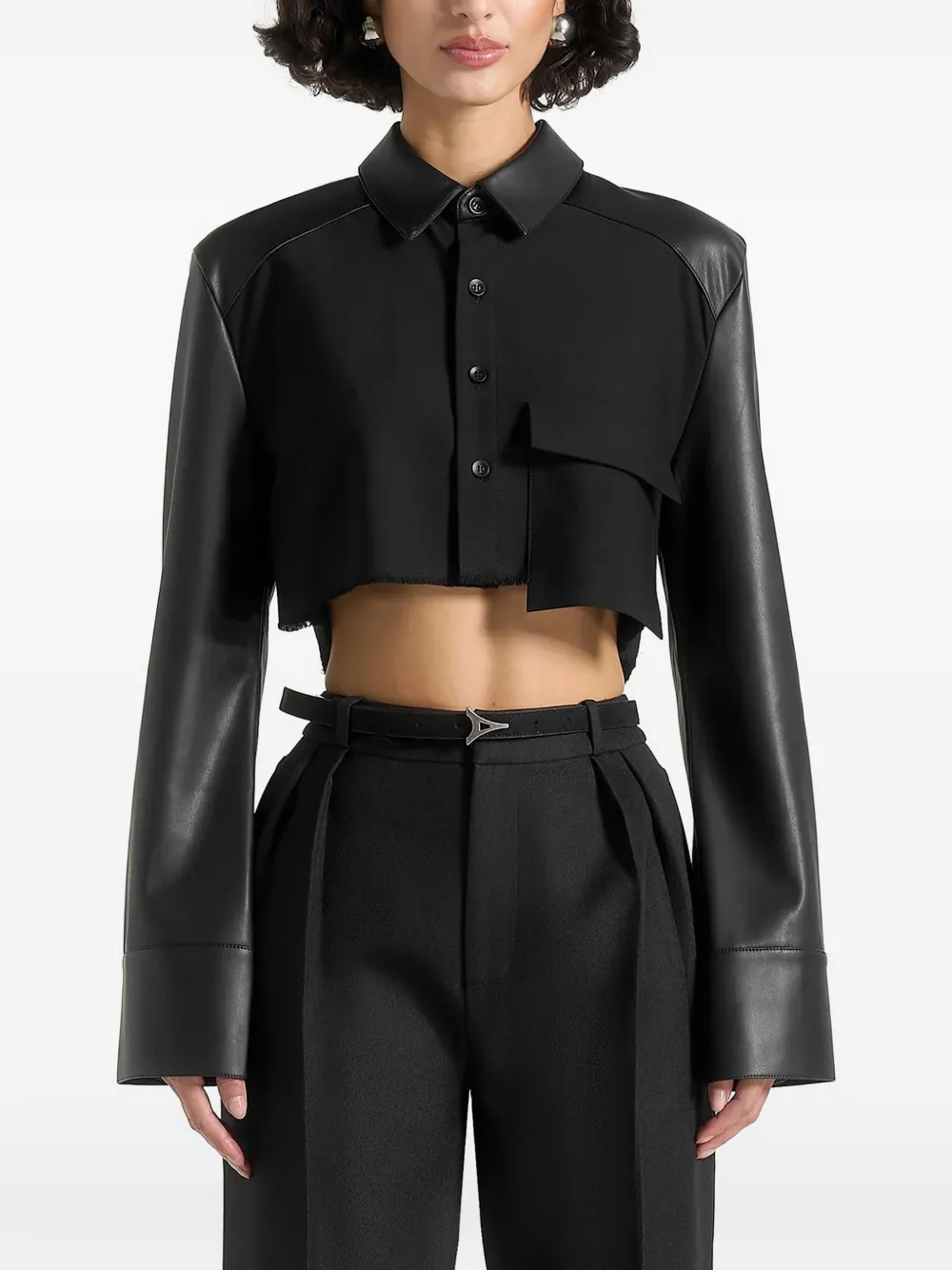 Manière De Voir Bernadette cropped blouse van imitatieleer met contrasterend detail Zwart