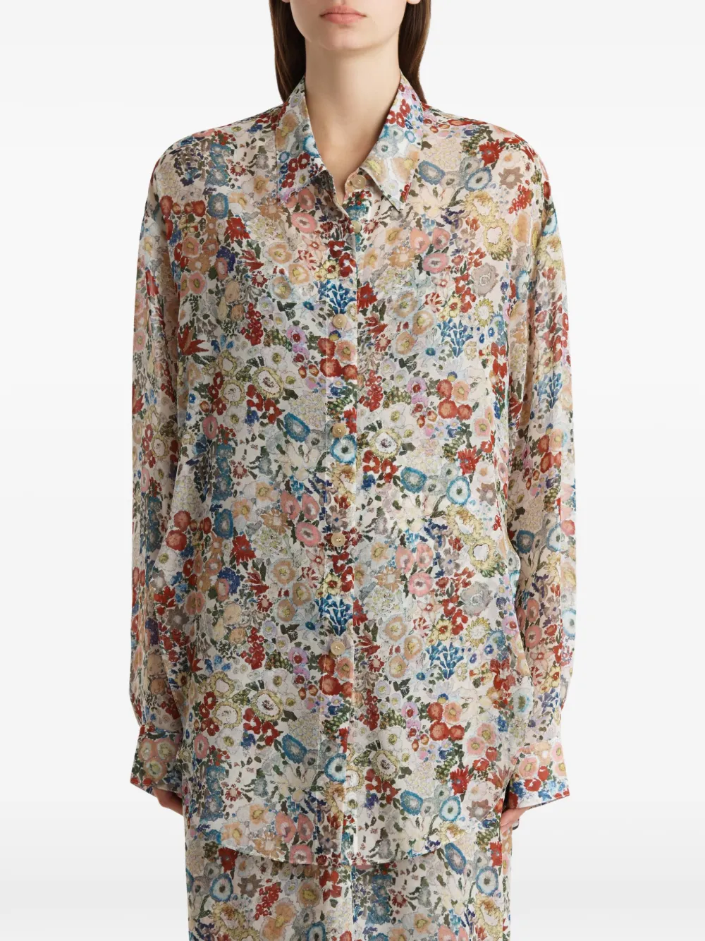 KHAITE Zijden blouse met bloemenprint Beige