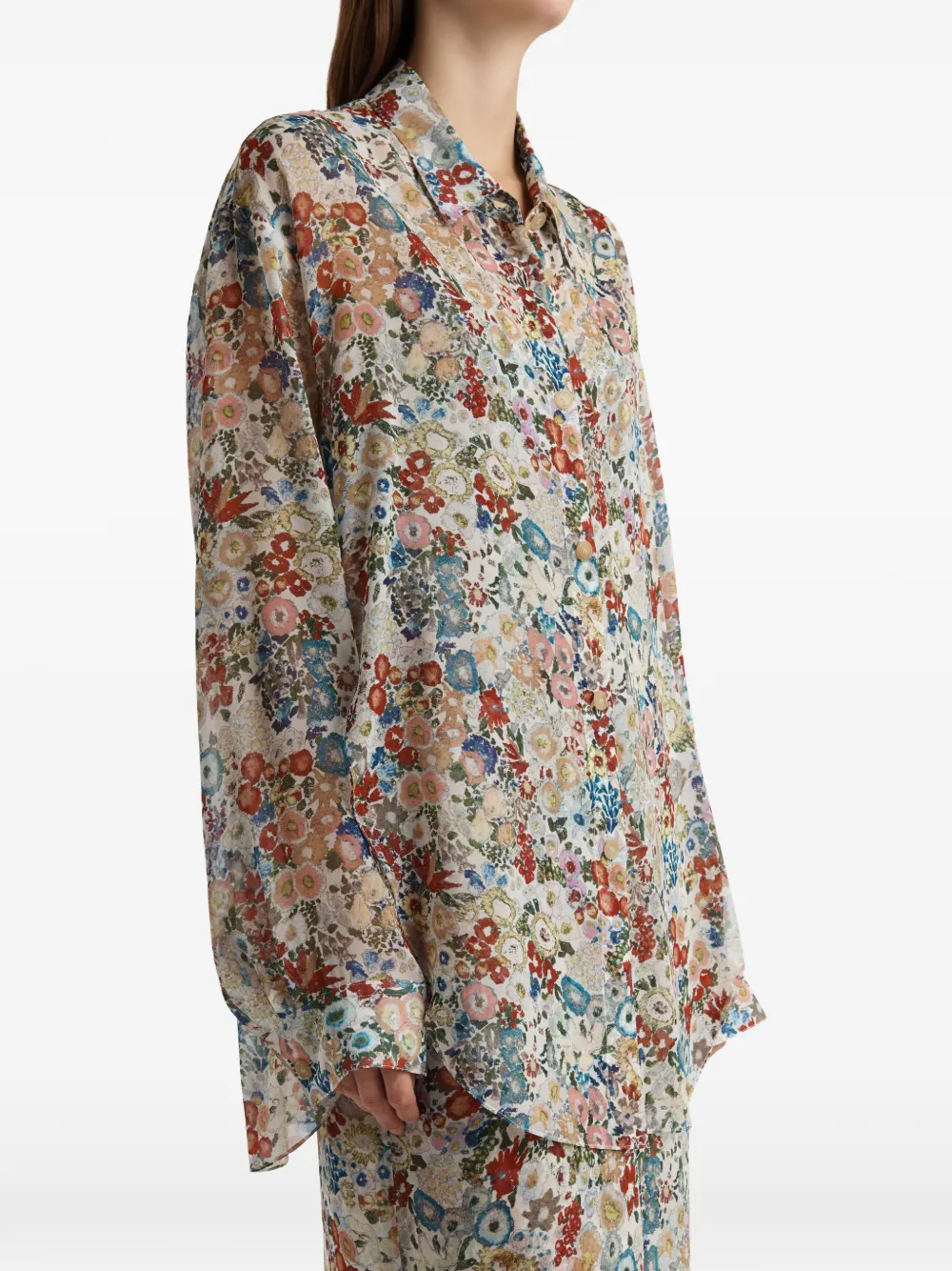 KHAITE Zijden blouse met bloemenprint Beige