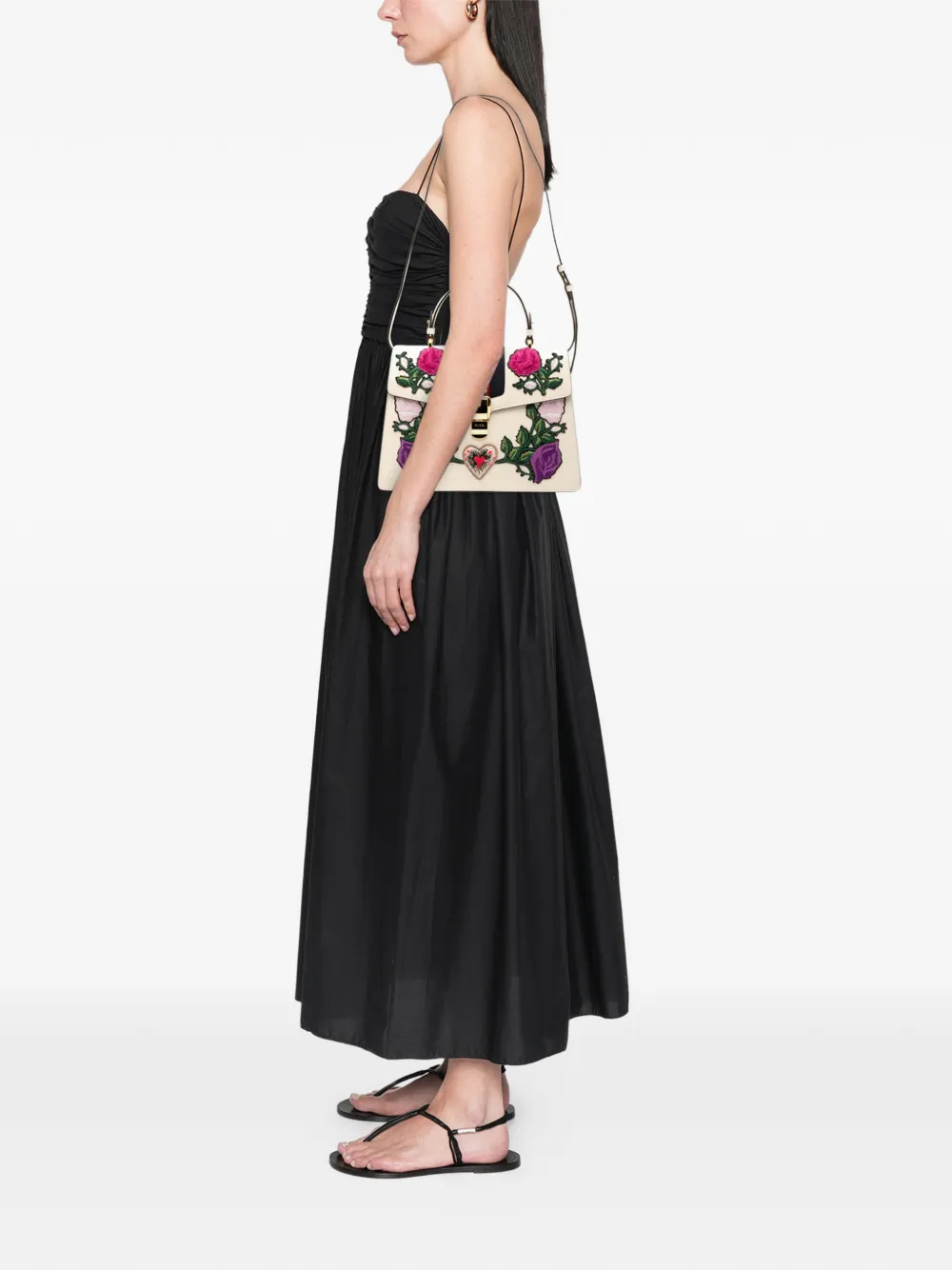 Pre-owned Gucci 2016-2025 Medium Floral Embroidered Leather Sylvie Top Handle Bag Satchel In White