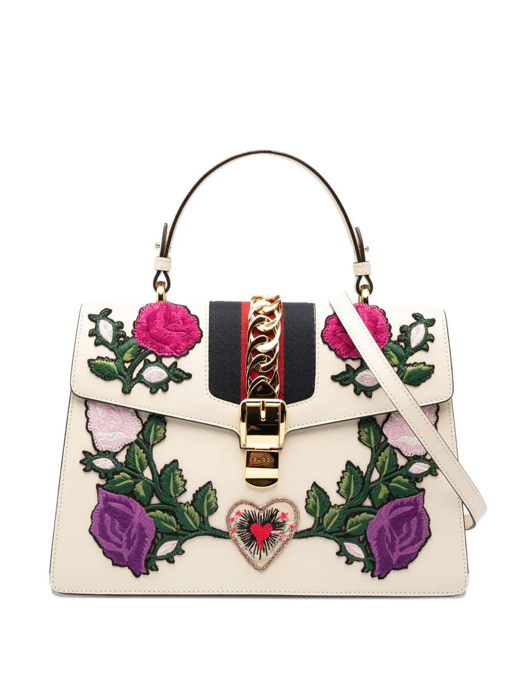 Pre-owned Gucci 2016-2025 Medium Floral Embroidered Leather Sylvie Top Handle Bag Satchel In White