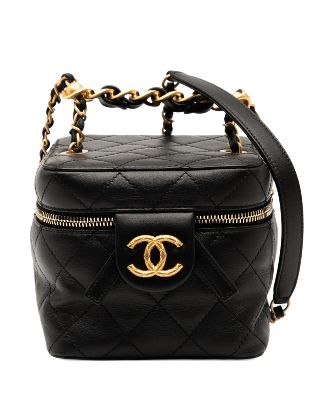 CHANEL Pre-owned 2021-2025 Cc Quilted Calfskin Chain Top Handle Vanity Case On Strap Satchel In Black