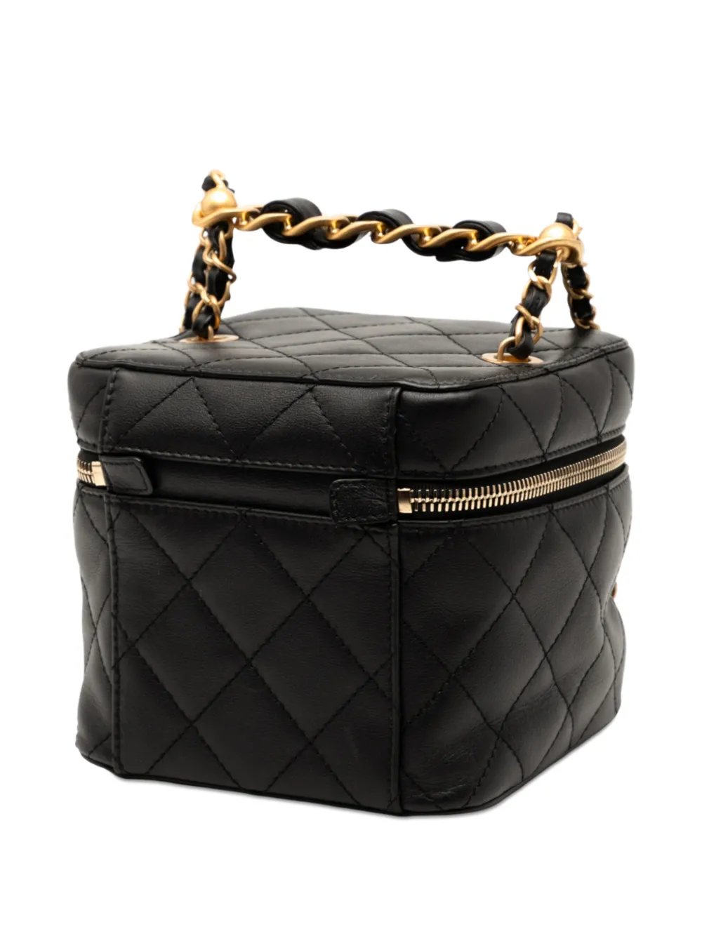  Chanel Pre-owned 2021-2025 Cc Quilted Calfskin Chain Top Handle Vanity Case On Strap Satchel - Black 