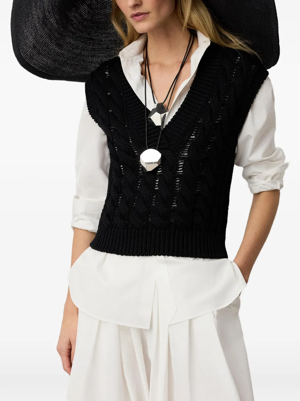  Ralph Lauren Collection V-neck Cable-knit Top - Black 