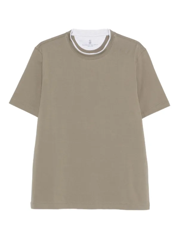 Brunello Cucinelli Cotton Jersey Crew Neck T-shirt with Faux-layering in Green