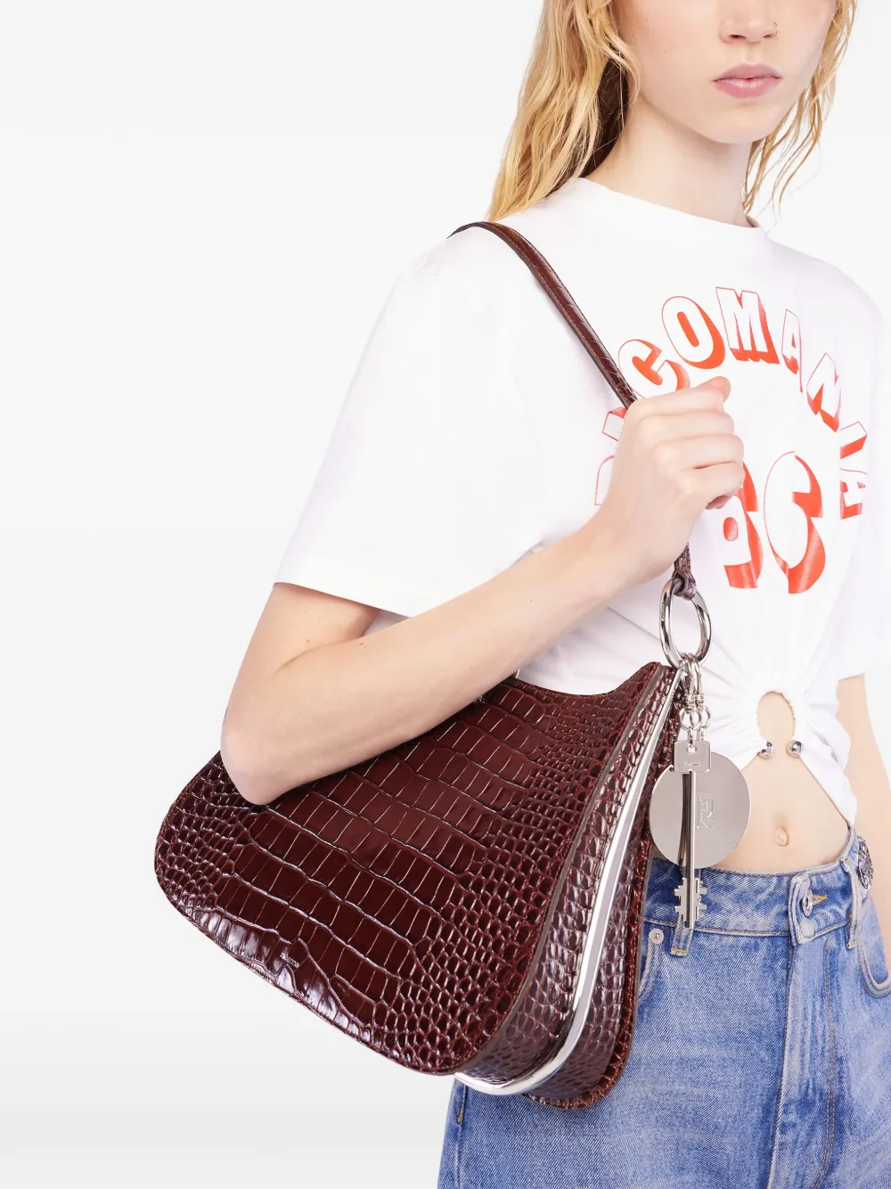 Rabanne Leren schoudertas met ring-reli&euml;f - Bruin