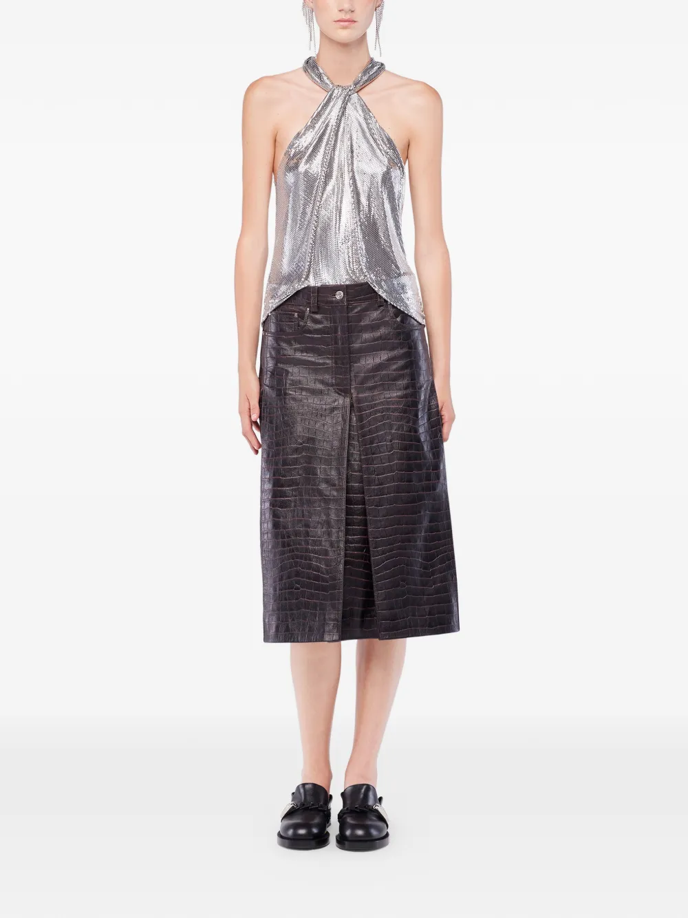  Rabanne Crocodile-effect Leather Skirt - Brown 