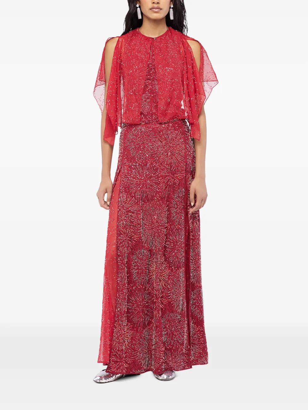 Rabanne Chiffon top met cape en geborduurde parel Rood
