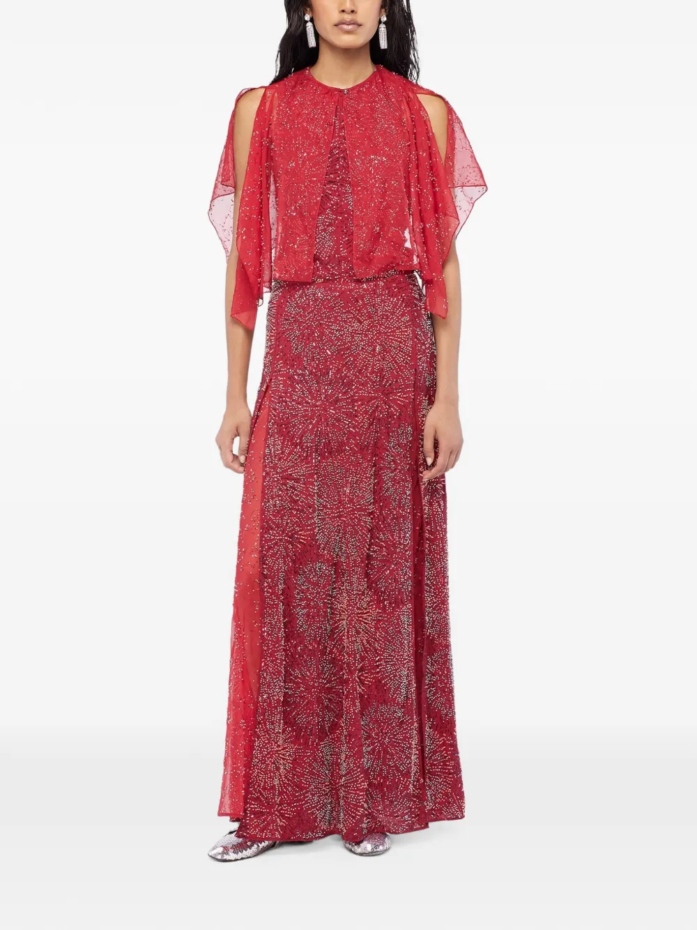Rabanne Chiffon top met cape en geborduurde parel Rood