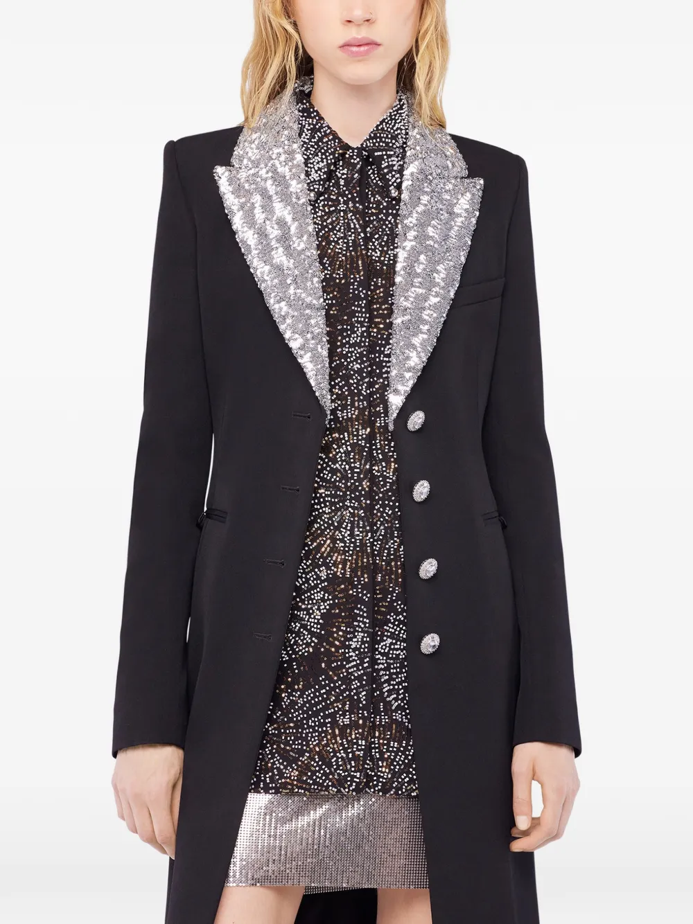 Rabanne Sequin-collar Wool Coat In Black
