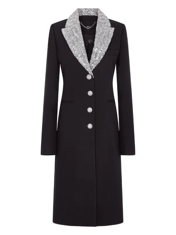 Rabanne Sequin-collar Wool Coat in Black