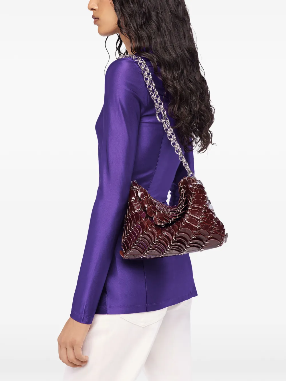 Rabanne Embossed Crocodile Shoulder Bag in Brown, view 2