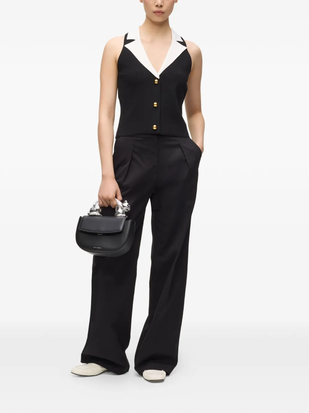  Karl Lagerfeld V-neck Button Top - Black 