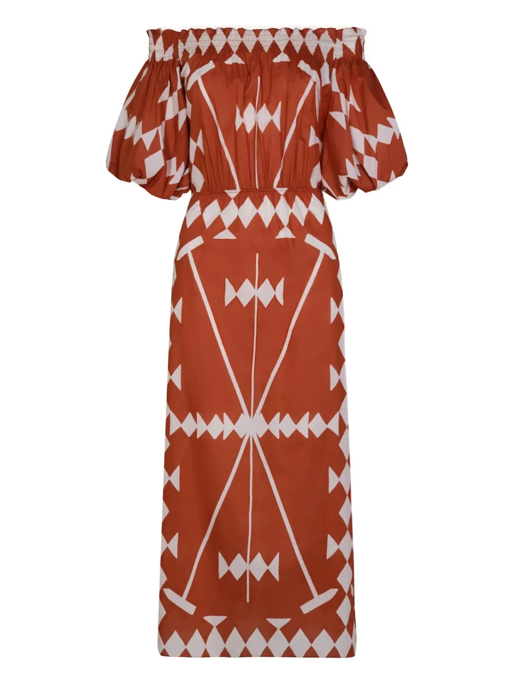 Johanna Ortiz Harbor Hues Off-shoulder Midi Dress In Brown