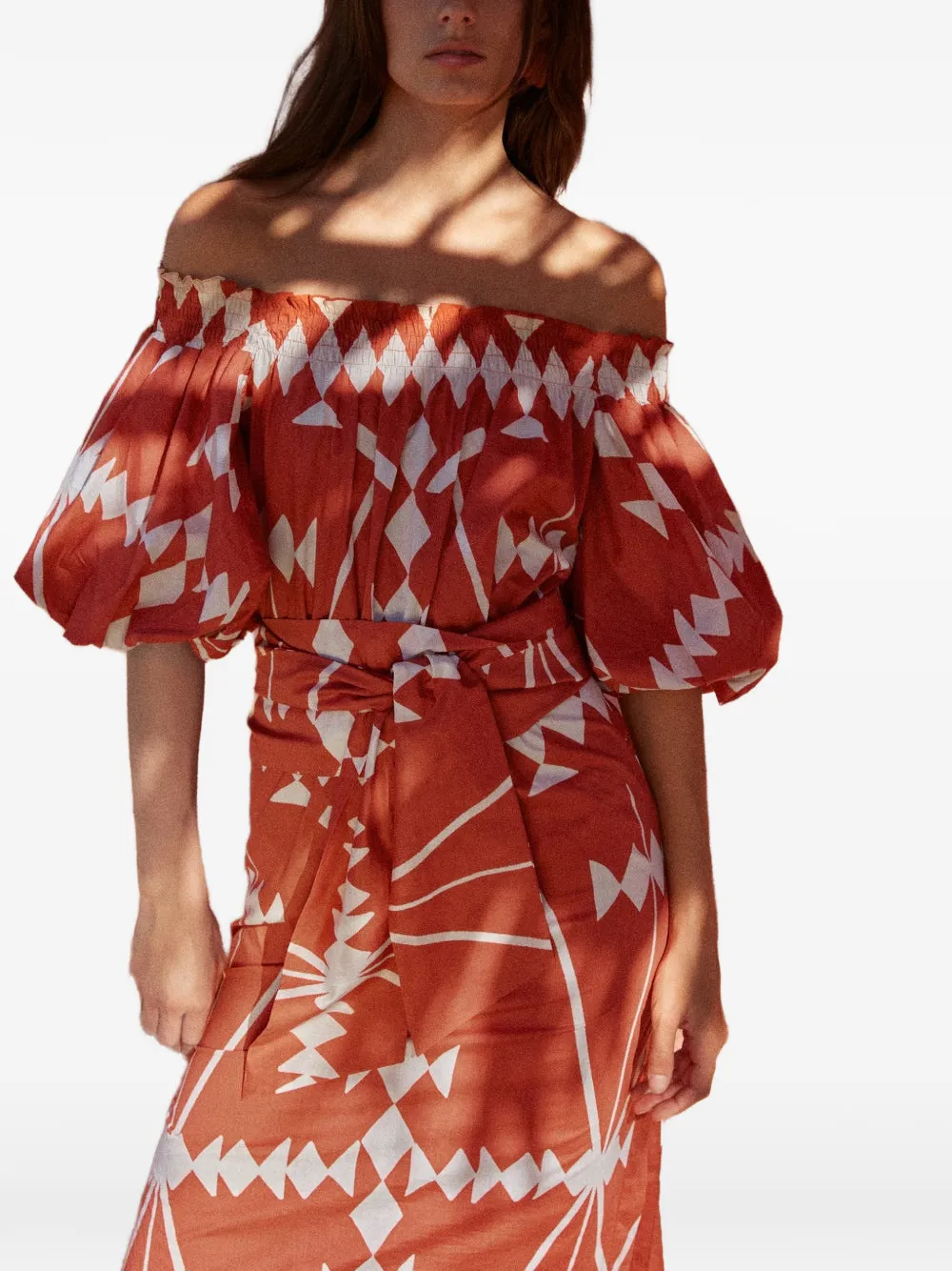 Johanna Ortiz Harbor Hues Off-shoulder Midi Dress In Brown