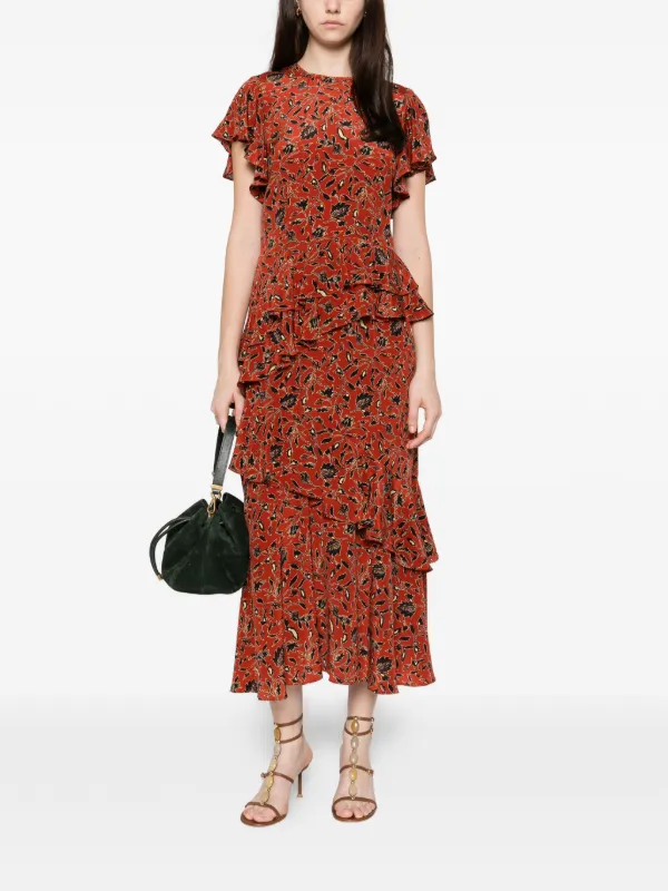 Ulla Johnson Amaia Ruffled Floral Midi Dress - Red