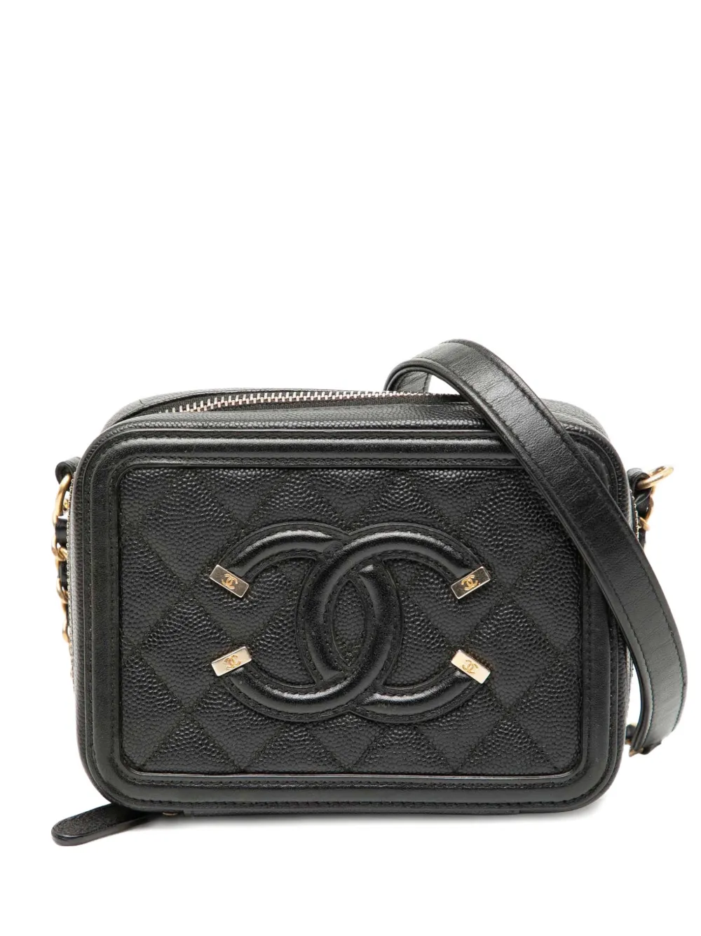 Pre-owned Chanel 2018 Mini Caviar Cc Filigree Vanity Case Satchel In Black