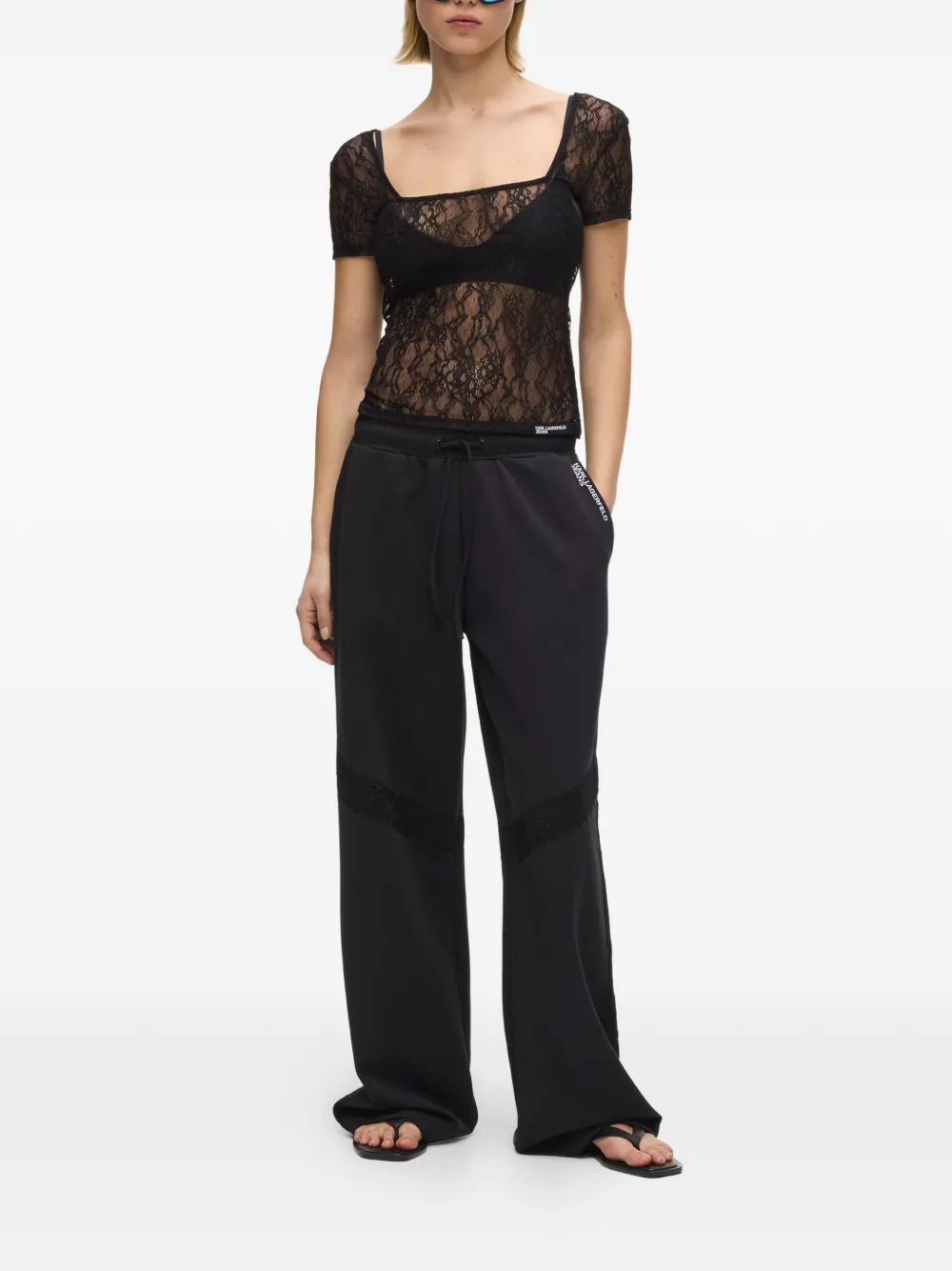 Karl Lagerfeld Jeans Blouse met vierkante hals en kant Zwart
