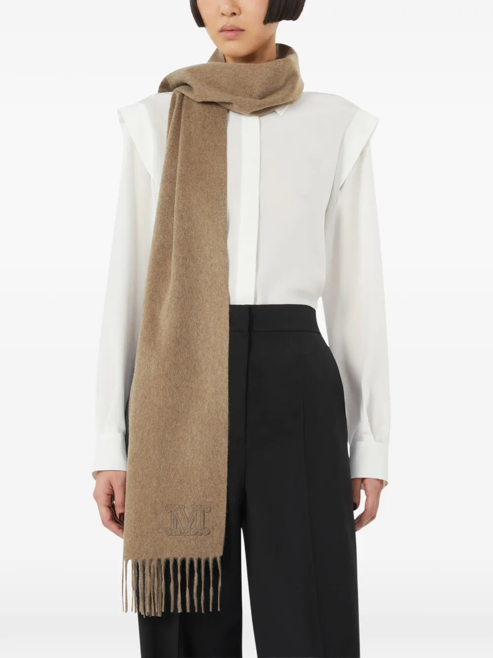 Max Mara Fringed Logo Scarf In Neutral
