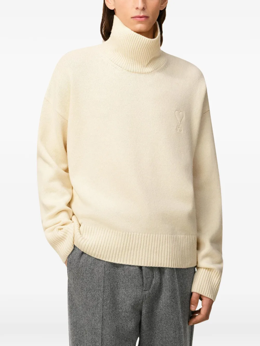 AMI Paris roll-neck logo sweater Beige
