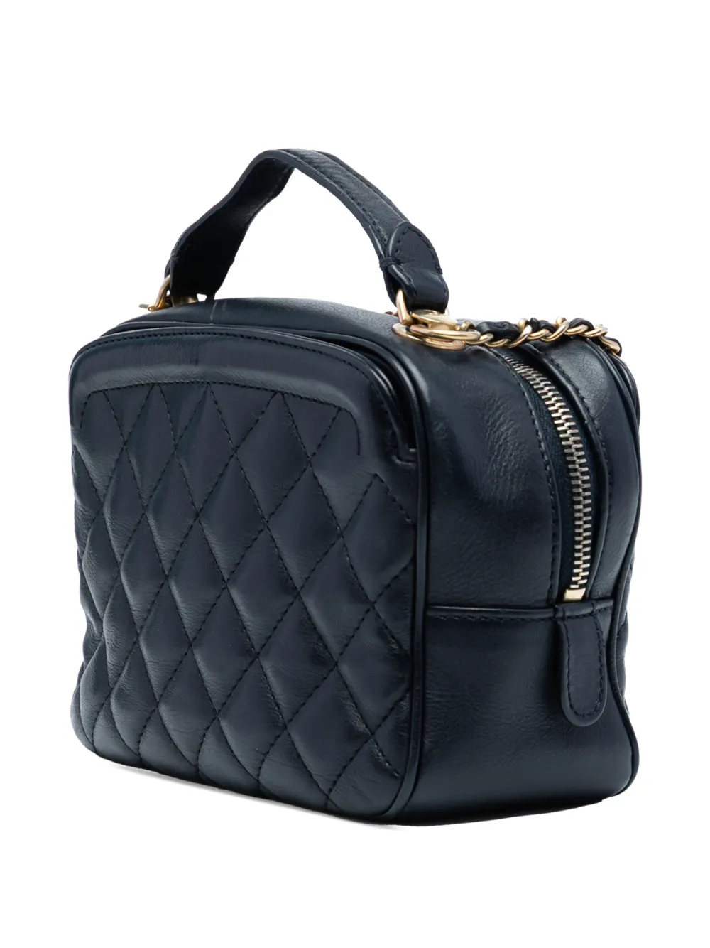 Pre-owned Chanel 2018-2019 Small Cc Quilted Lambskin Top Handle Vanity Case With Chain Satchel In Black