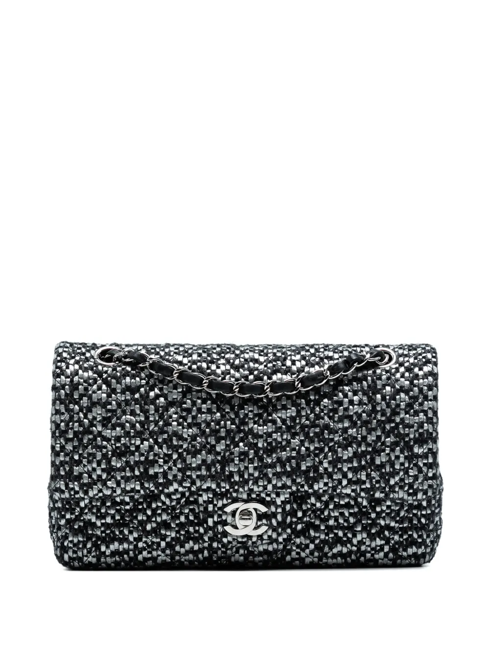 Pre-owned Chanel 2015-2016 Medium Classic Tweed Double Flap Shoulder Bag In Black