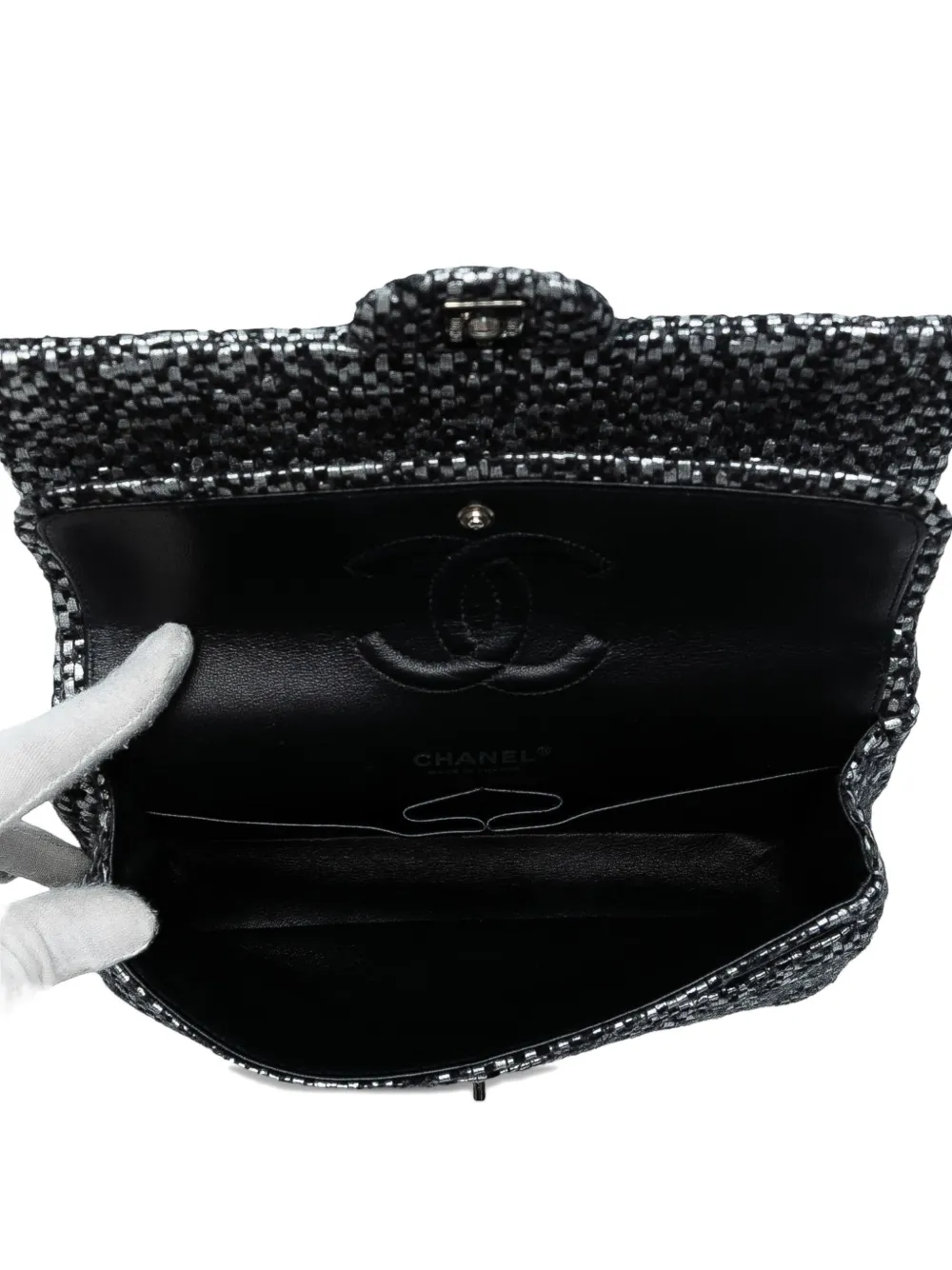 Pre-owned Chanel 2015-2016 Medium Classic Tweed Double Flap Shoulder Bag In Black