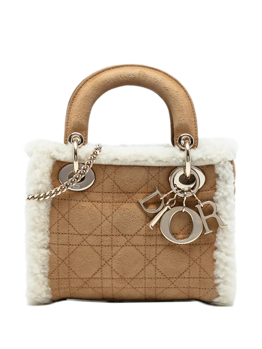 Christian Dior Pre-Owned Borsa a tracolla Lady Dior mini in pelle scamosciata con motivo Cannage e finiture in shearling 2020 - Marrone