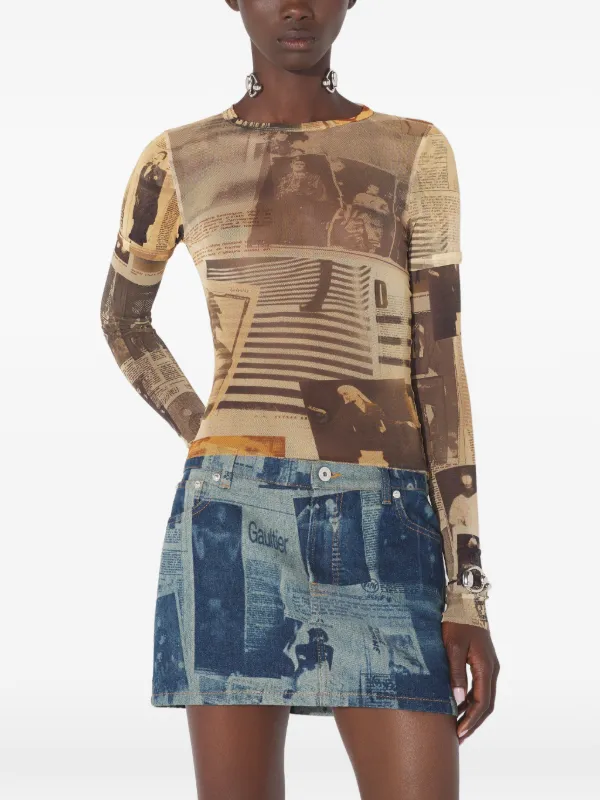Jean Paul Gaultier double-sleeves journal-print Top | Neutrals