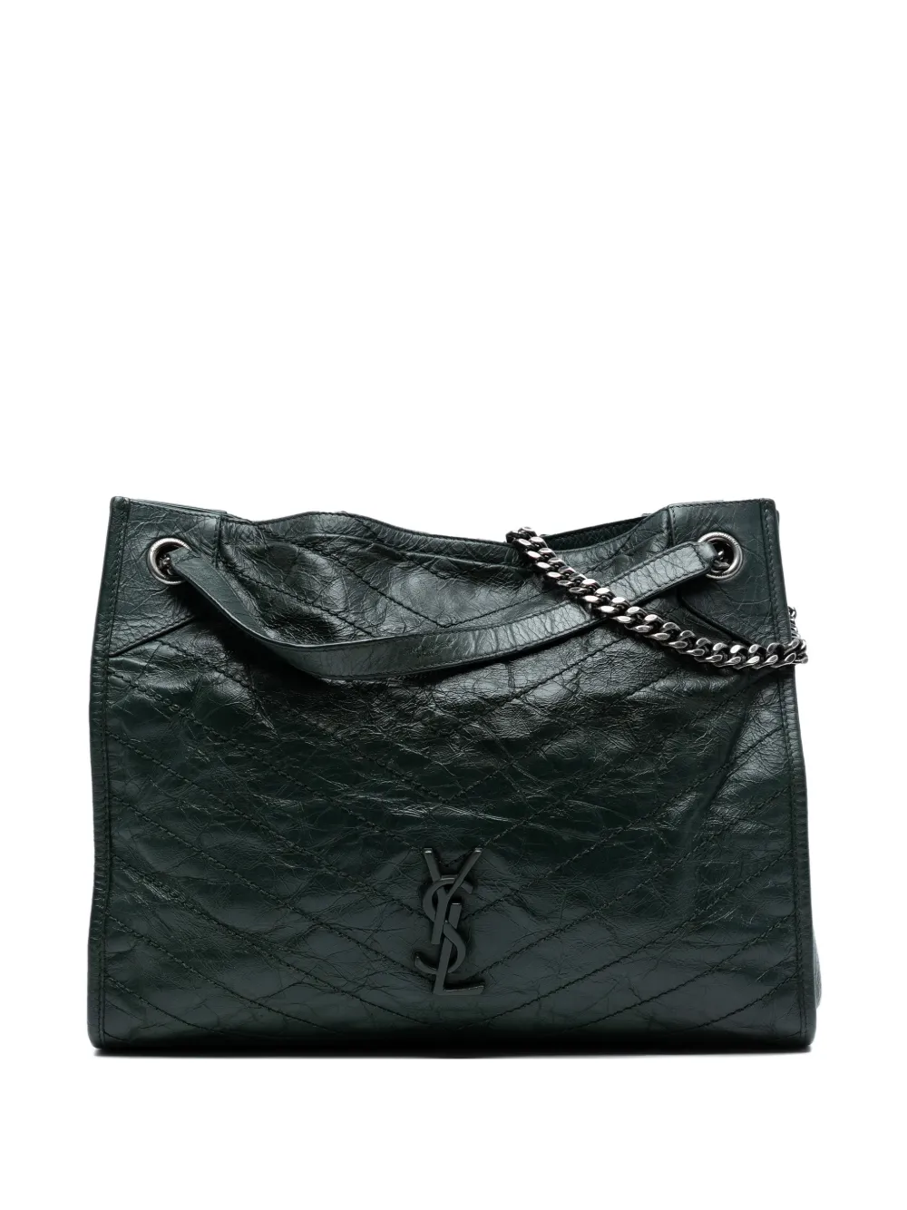 Pre-owned Saint Laurent 2019 Medium Crinkled Calfskin Monogram Niki Shopper Tote Bag In Green