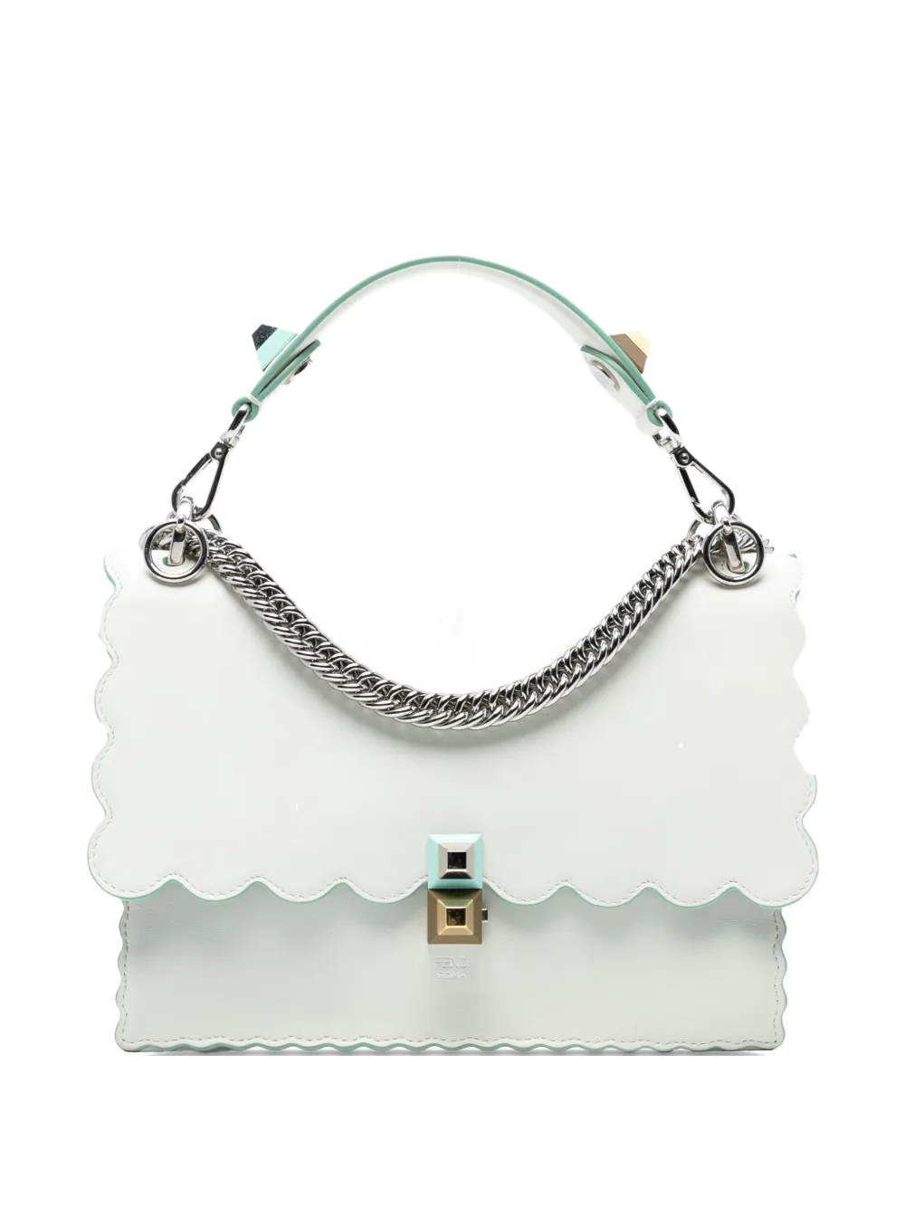 Pre-owned Fendi 2018-2025 Medium Scalloped Leather Studded Kan I Satchel Crossbody Bag In White