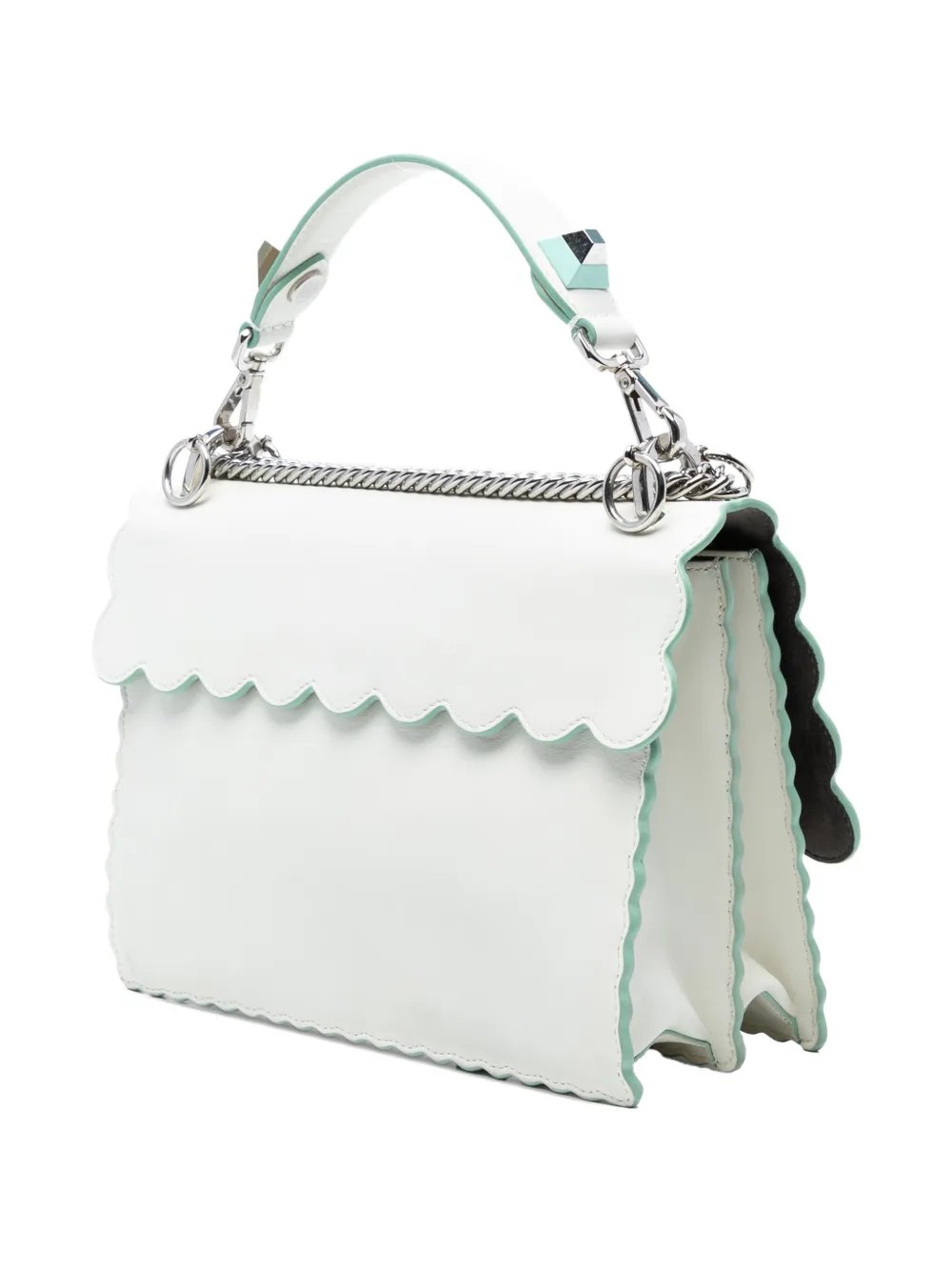 Pre-owned Fendi 2018-2025 Medium Scalloped Leather Studded Kan I Satchel Crossbody Bag In White