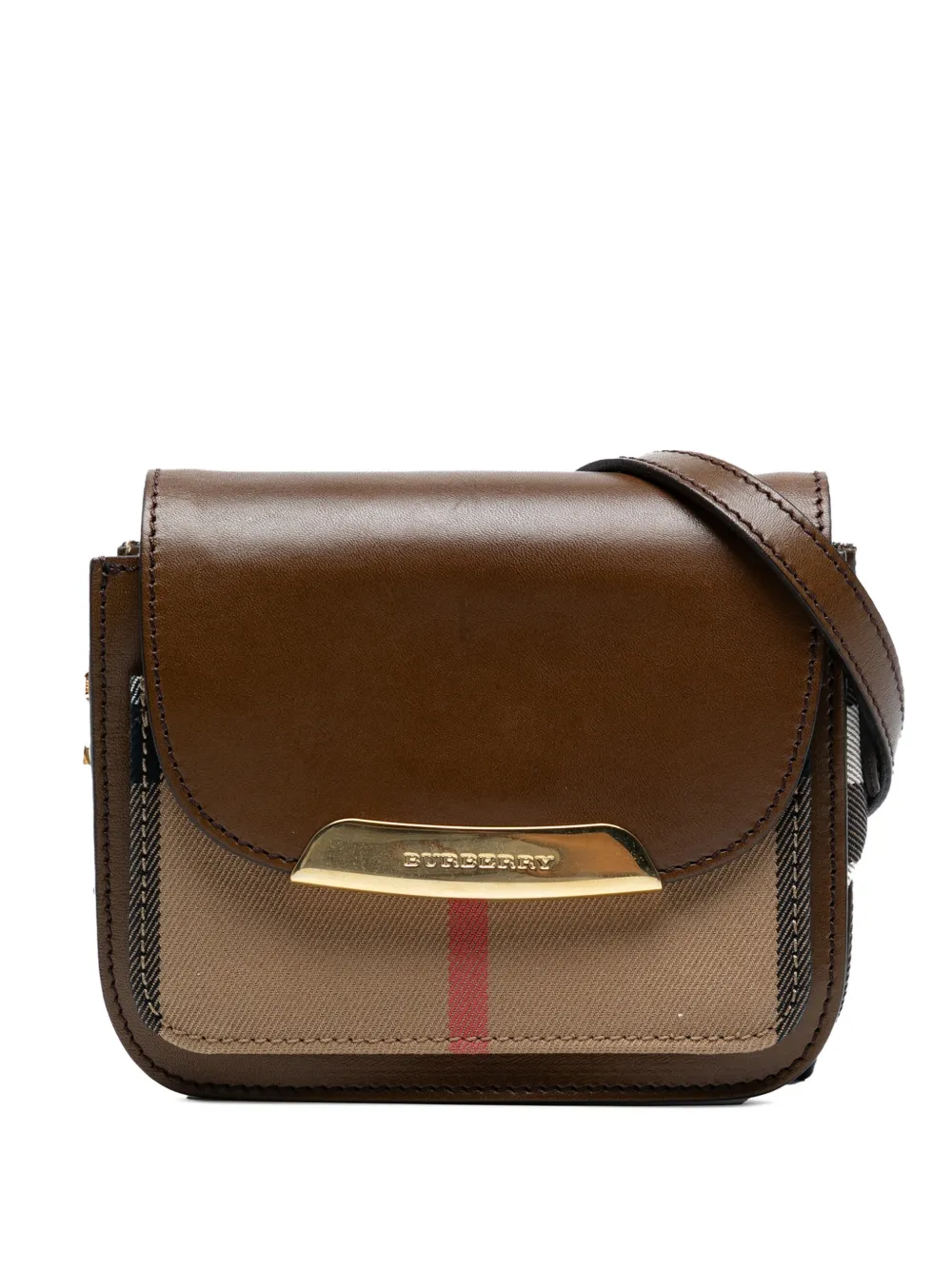 Pre-owned Burberry 2000-2010 Leather And House Check Canvas Crossbody Bag In Brown