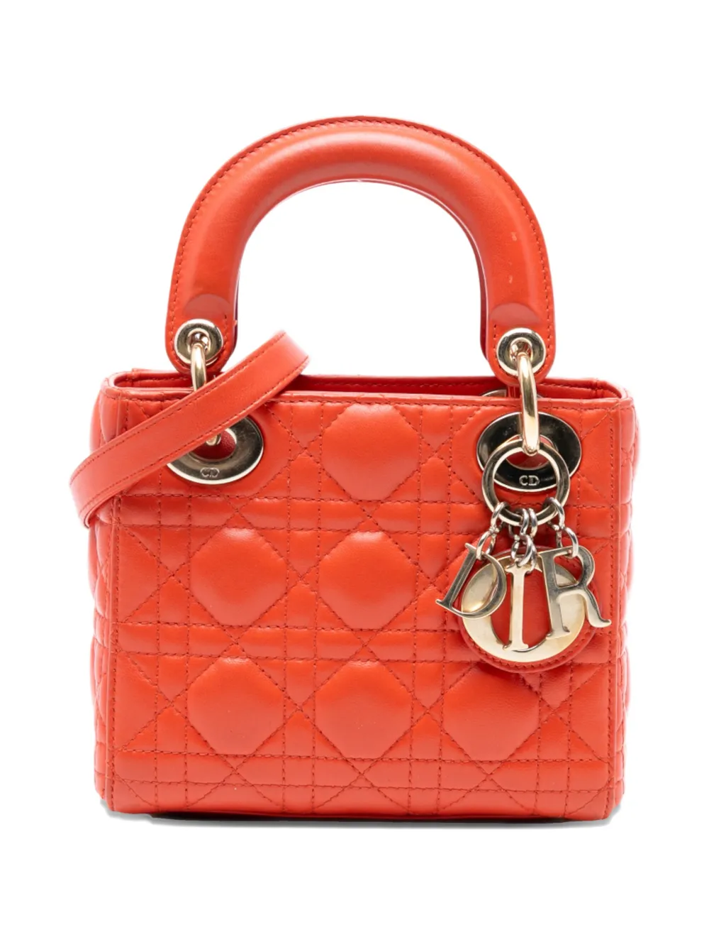 Pre-owned Dior 2013 Mini Lambskin Cannage Lady  Satchel In Orange