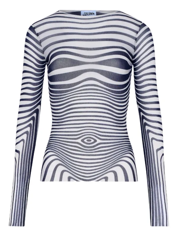 【本日まで】Jean Paul Gaultier ストライプ　カットソー　40 Jean Paul Gaultier long-sleeve morphing-stripes Top | White | FARFETCH
