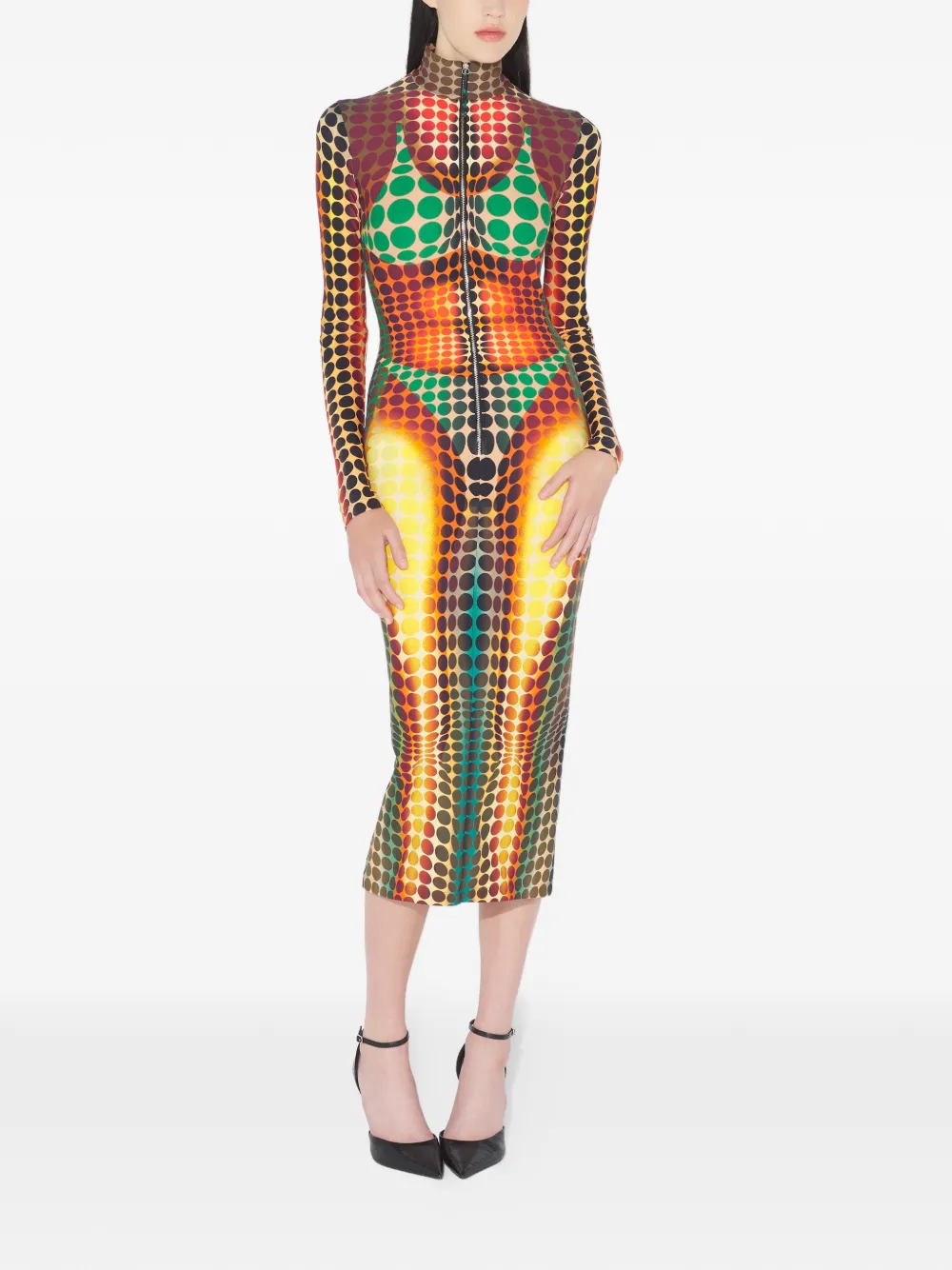 Jean Paul Gaultier High-neck Zip-up Midi Dress In Multi