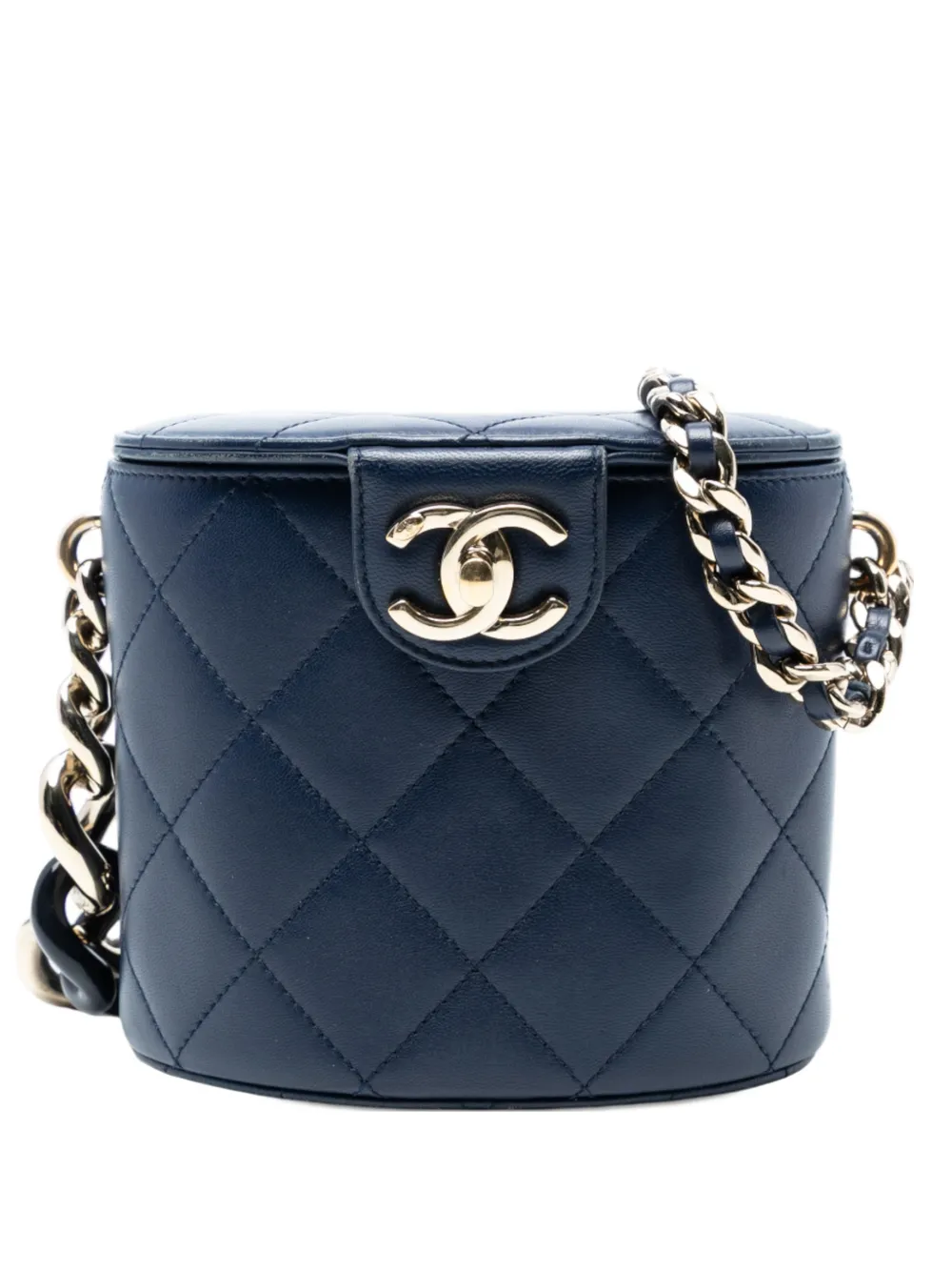 CHANEL Pre-owned 2019 Small Quilted Lambskin Resin Elegant Chain Tubular Vanity Case Crossbody Bag In Blue