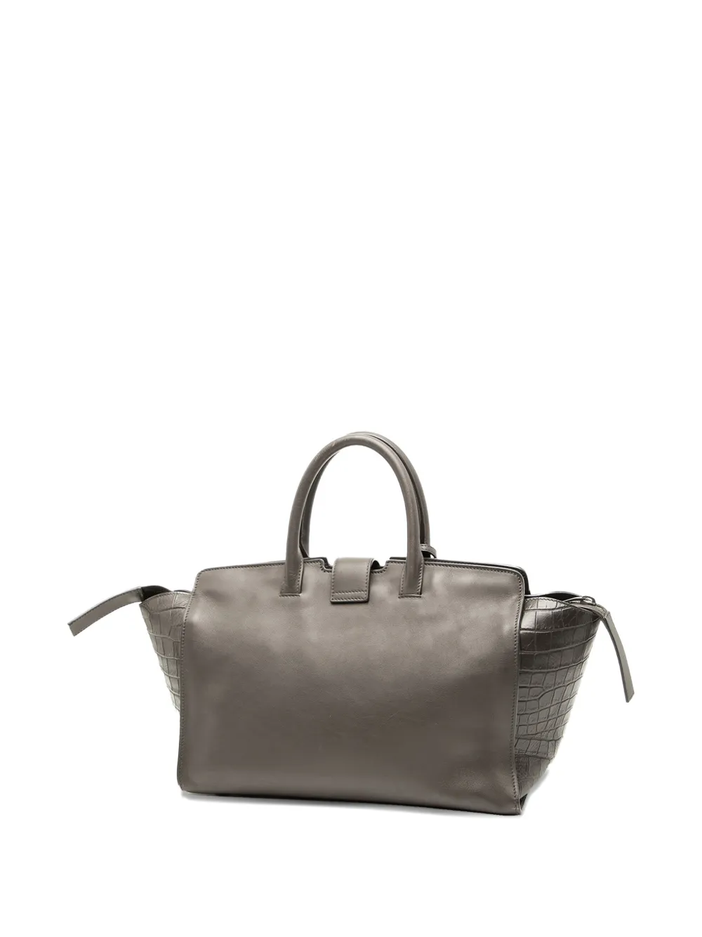 Pre-owned Saint Laurent 2017 Small Croc Embossed Trimmed Leather Downtown Cabas Satchel In Gray