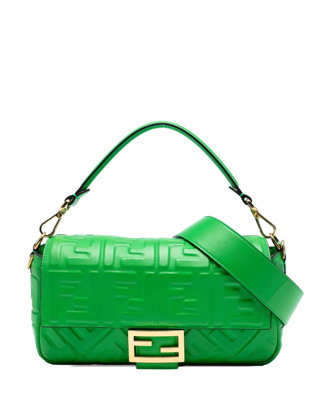 FENDI Pre-owned 2010-2025 Zucca Embossed Leather Baguette Satchel In Green