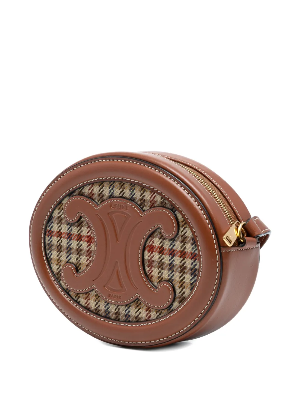 Pre-owned Celine 2022 Small Houndstooth Canvas And Calfskin Cuir Triomphe Oval Crossbody Bag In Brown
