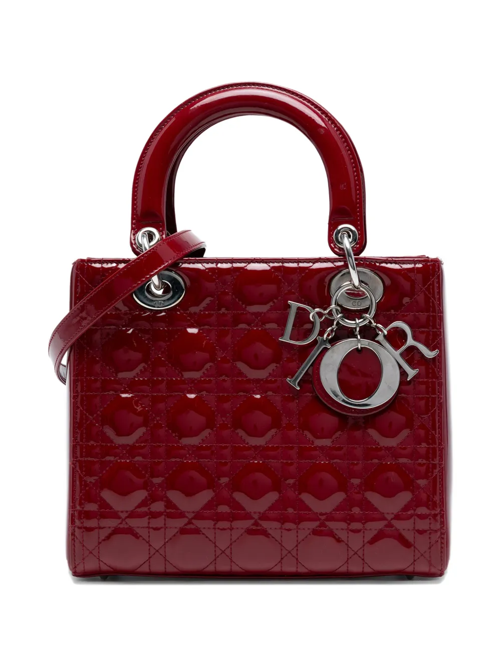DIOR Pre-owned 2015 Medium Patent Cannage Lady Satchel In Red